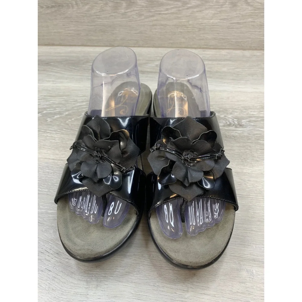 Dansko Black Patent Leather Floral Applique Wedge Slide Sandals Women's 11